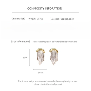 Detailed view of rhinestone tassel earrings with dimensions 5cm by 2.6cm and weight 15.4g