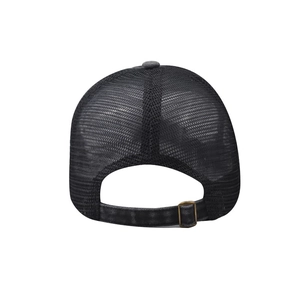 Rear view of black trucker hat with breathable mesh and adjustable metal buckle closure