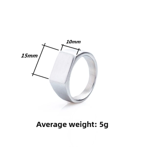 Detail view of rectangular signet ring with 15mm by 10mm brushed metal surface