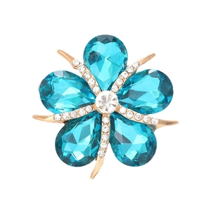 Exquisite gold five-petal flower brooch with turquoise gems and white rhinestone accents