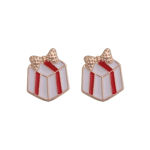 Christmas gift box stud earrings in gold, red and white enamel with ribbon bow