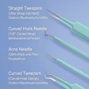 4-piece stainless steel blackhead remover set with light blue matte handles