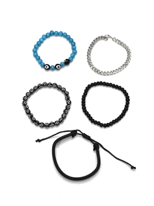 Detailed set of 5 mixed hip-hop bracelets including evil eye and cuban chain on white back