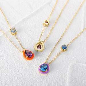 S925 sterling silver teardrop pendant necklace with colorful enamel and zircon stones