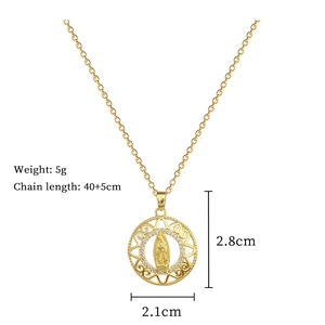 Detail view of gold Virgin Mary pendant with cubic zirconia and chain size measurements