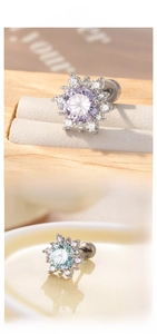 Detail of titanium snowflake labret stud with purple zircon and three post attachments