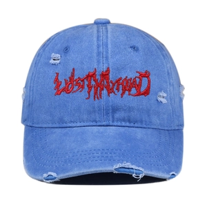 Close-up of blue washed denim baseball cap with red Lost In My Head embroidery