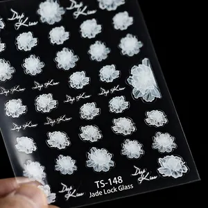 Detail of TS-148 3D embossed white rose nail stickers with elegant cursive text