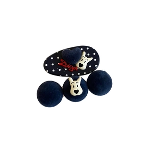 Flocked dark blue puppy and heart hair clip set with white polka dots and Zsiga branding