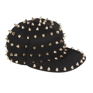 Black hip hop flat brim baseball cap with all-over gold metal rivets and punk studs