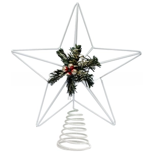 Close-up of white wire star tree topper with green needles and festive red berries