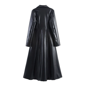 Long black PU leather trench coat for women with crocodile pattern and waist-cinching back