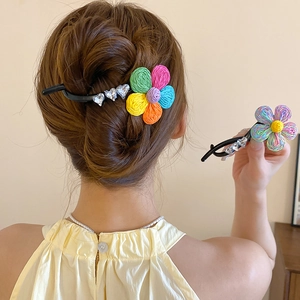 Pince à cheveux fleur tissée colorée avec strass en cœur pour style élégant