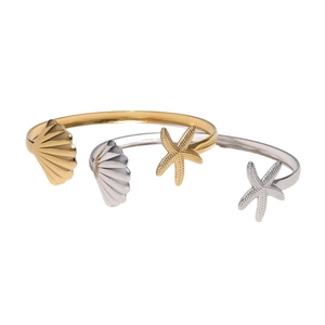 Starfish and seashell charm bangles in gold and silver finish, open cuff style jewelry