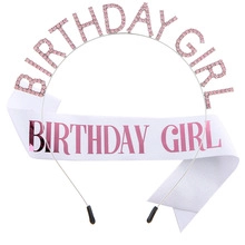 Detail of pink rhinestone Birthday Girl tiara with matching white and pink foil sash