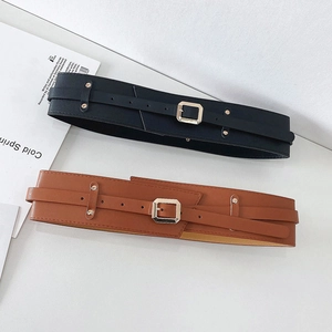Chic wide PU leather waist belts in black and brown with gold square buckles and rivets