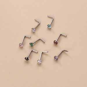 Set of eight L-shaped stainless steel nose studs with colorful 3mm round zircon stones