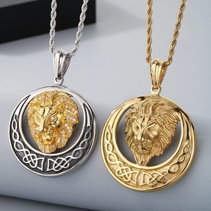 Hip hop lion head pendants with sparkling crystals and Celtic knot details in steel