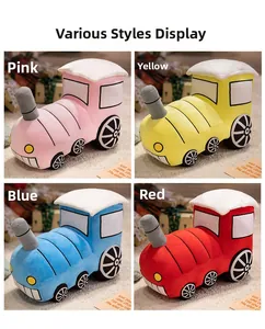 Detailed grid view of plush steam train toys in pink, yellow, blue, and red colors