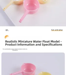 Close-up of colorful dollhouse miniature water ladles in pink and yellow pastel colors