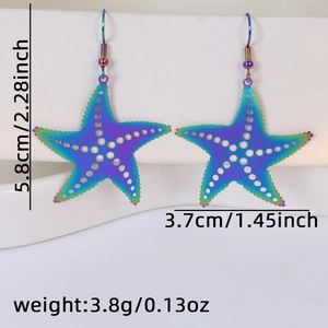 Detail of rainbow laser starfish earrings with hollow patterns and size measurements