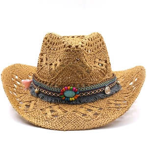 Detail of western straw cowboy hat with ethnic beaded band and turquoise stone decor