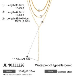 Detailed dimension chart of 18K gold-plated stainless steel triple layer Y necklace