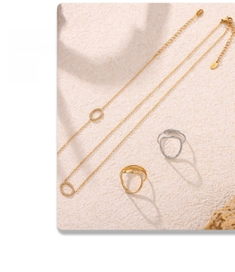 Detail of 18k gold plated stainless steel jewelry set with oval zircon accents