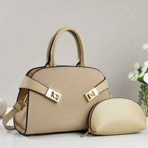 Detail of light beige PU leather handbag with woven texture and matching mini coin purse