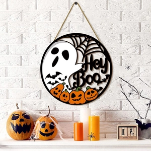 Wooden Halloween wall sign featuring Hey Boo ghost, spiderweb and pumpkins with hanging rope