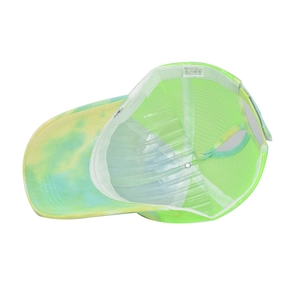 Detail view of tie-dye mesh hat interior with breathable fabric and quality stitching