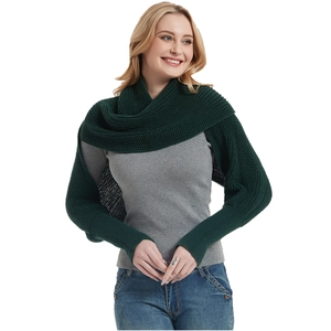 Forest green chunky knit shrug scarf with long sleeves for women shown on model