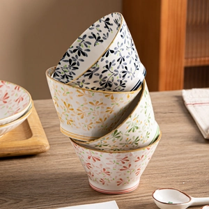 Japanese style stackable floral ceramic bowls with gold rim and underglaze painting