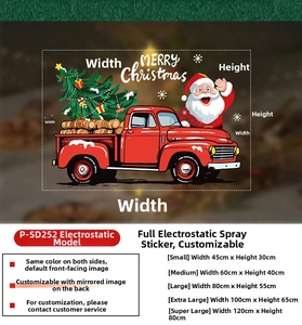 Size chart showing static Christmas window decals with red truck and Santa Claus patterns