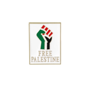 Free Palestine enamel pin featuring a symbolic fist design with gold metal borders