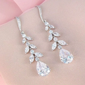 Elegant Dangle Earrings Copper Zircon Water Drop Leaf Long Tassel Bridal Wedding Jewelry For Women Gift