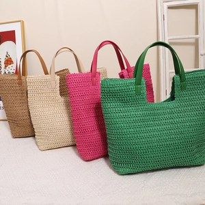 Minimalist straw beach totes in khaki, beige, rose, and green with PU leather handles
