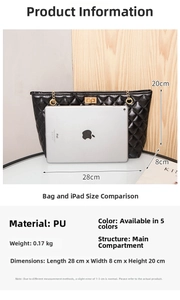 Detailed view of black quilted PU shoulder bag with gold twist lock and size dimensions