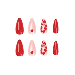 Pink and red heart pattern press-on nails in long almond shape on white background
