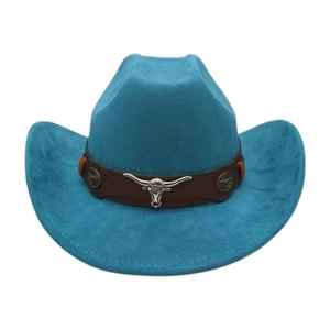 Detail of turquoise felt cowboy hat featuring brown band and silver bull head emblem
