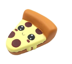 Macro detail of slow-rising pizza squishy toy featuring cheese and cartoon face