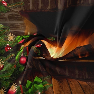 Detail of Christmas tapestry fabric showing festive fireplace print and soft texture