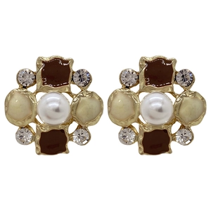 Vintage flower earrings with pearl, enamel and rhinestones in gold-plated finish