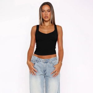 Nahaufnahme des schwarzen Stretch-Stoffs und des U-Ausschnitts am eng anliegenden Tanktop