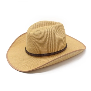 Detail of the beige woven straw cowboy hat with a dark brown decorative braided band