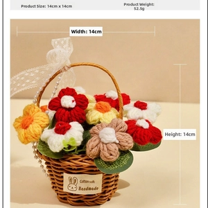 Detailed view of handmade crochet flower basket with size dimensions 14x14cm