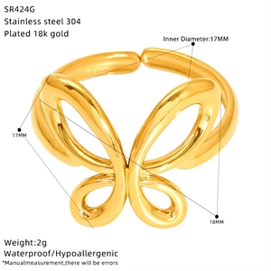 Detail view of gold butterfly ring with dimensions, 18k gold plating, and waterproof info