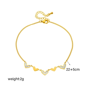 Titanium steel gold chain anklet with heart pendants and white shell inlay, 22+5cm