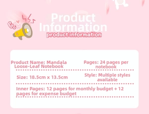A6 Mandala PU leather binder specifications showing dimensions 18.5x13.5cm and budget pages
