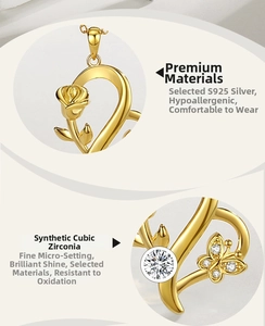 Detailed close-up of 18K gold plated S925 silver rose and butterfly pendant with cubic zirconia